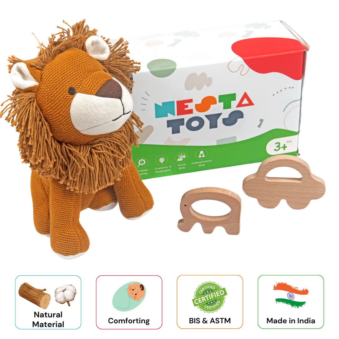 NESTA TOYS - Newborn Gift Set - Lion Plush Toy, Wooden Elephant & Car Teether - nestatoys