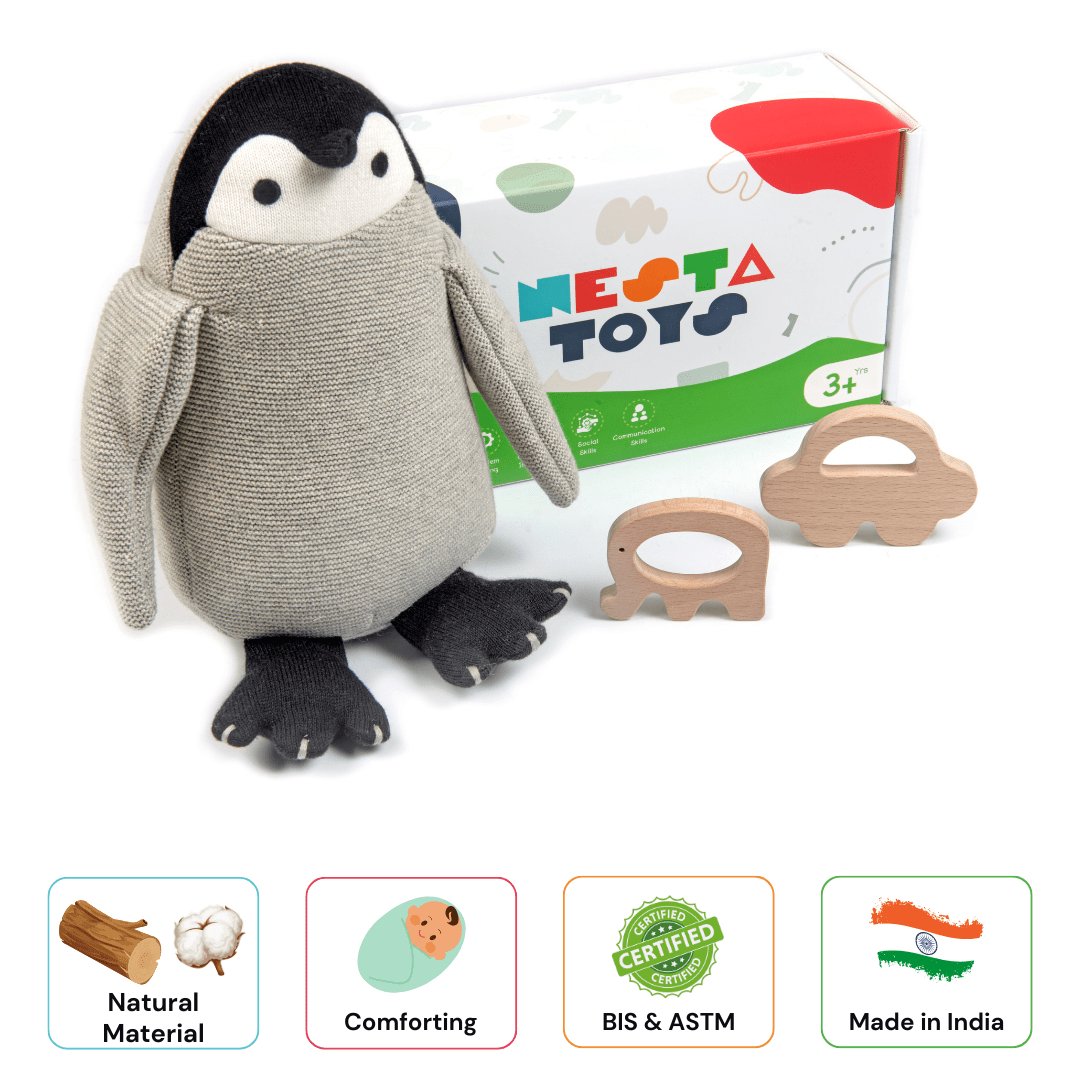 Newborn Gift Set - Penguin Plush Toy & Wooden Teethers - NESTA TOYS