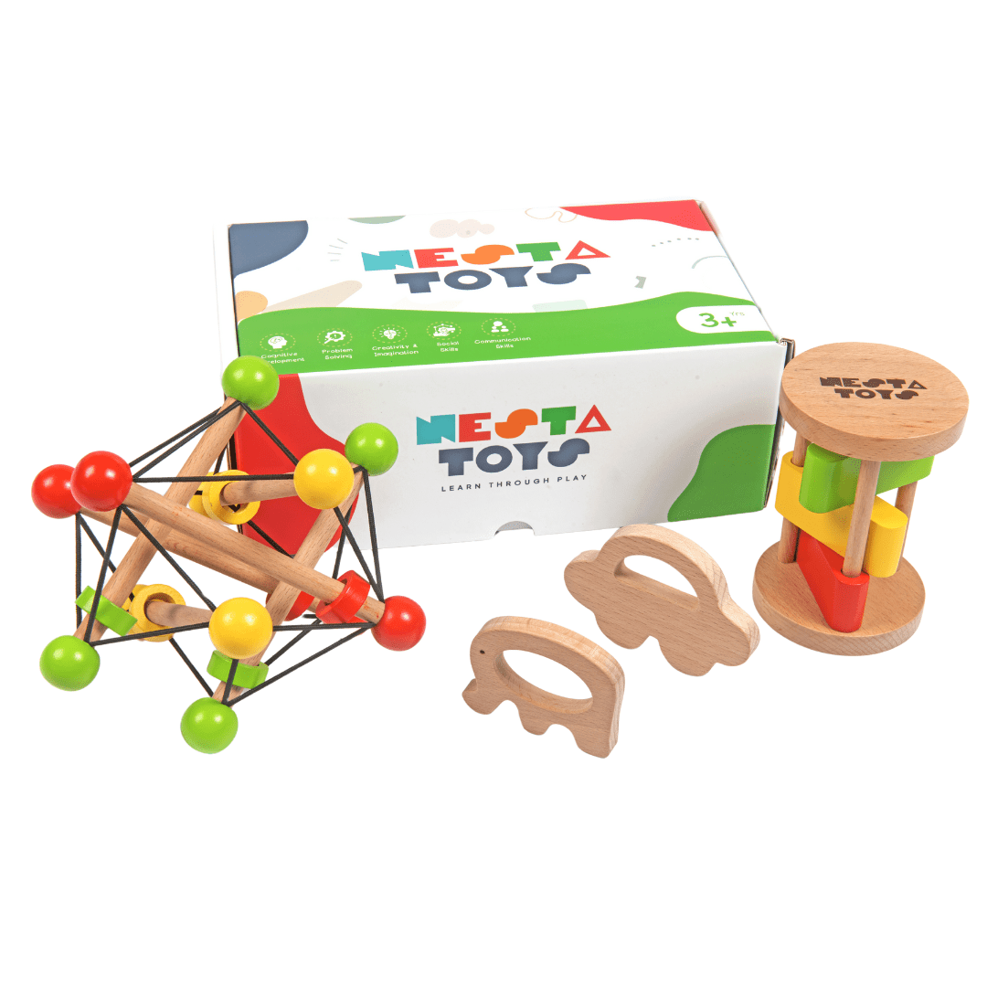 Newborn Gift Set – Skwish Rattle, Clacker Rattle & Wooden Teethers - NESTA TOYS