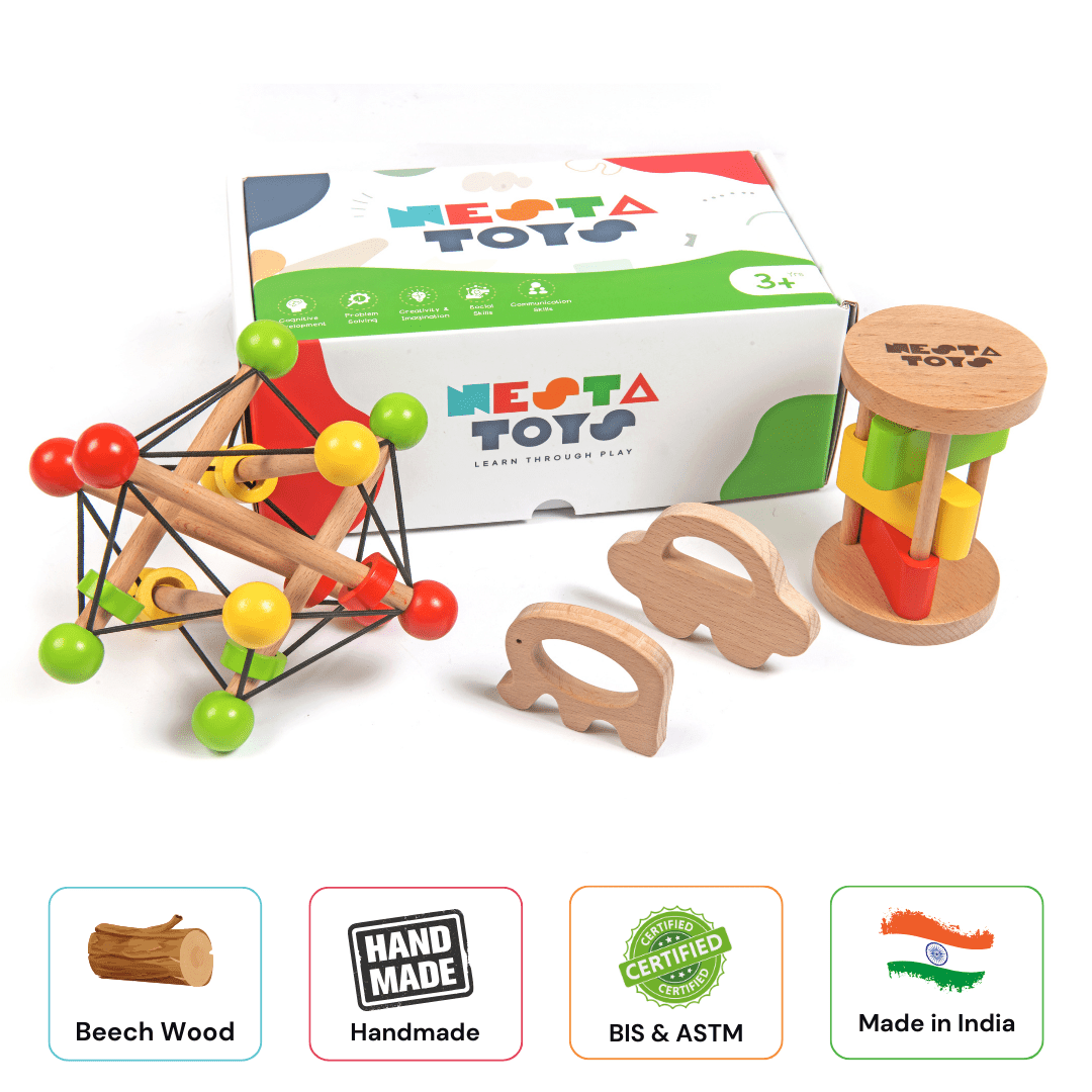 Newborn Gift Set – Skwish Rattle, Clacker Rattle & Wooden Teethers - NESTA TOYS