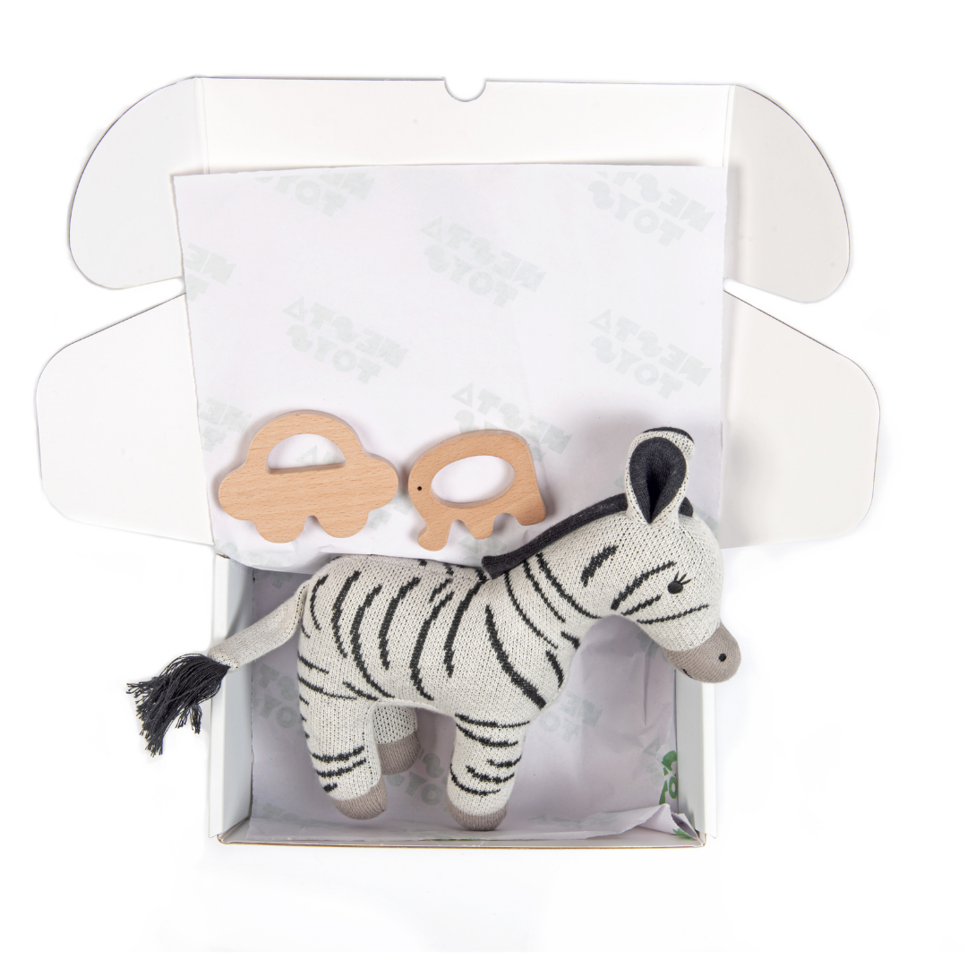 NESTA TOYS - Newborn Gift Set - Zippy the Zebra, Wooden Elephant & Car Teether - nestatoys