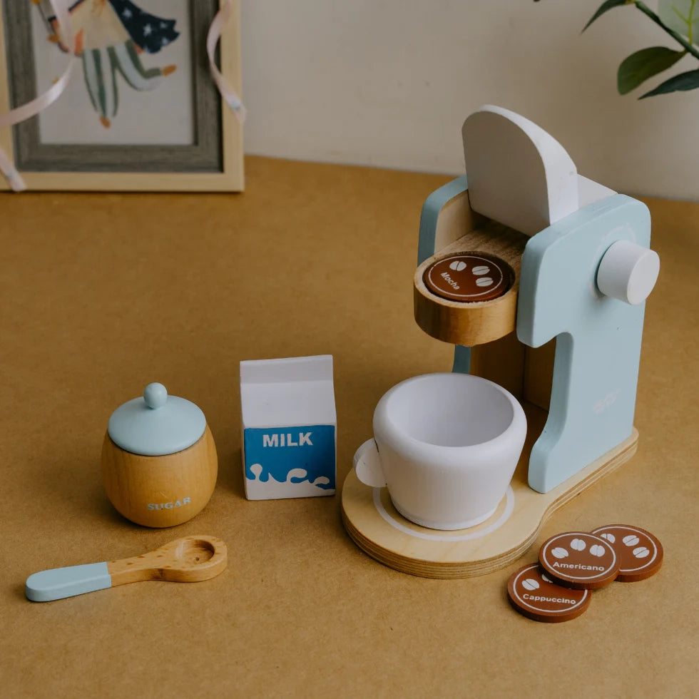 NESTA TOYS - Wooden coffee maker, coffee toy kids, kitchen toy, pretend play toy, wooden kitchen set, role play toy, cooking toy, wooden toy, educational toy, nesta toys, coffee machine toy, kids kitchen toy, wooden appliance toy, play kitchen set, activity toy Wooden Coffee Machine Toy (Blue)