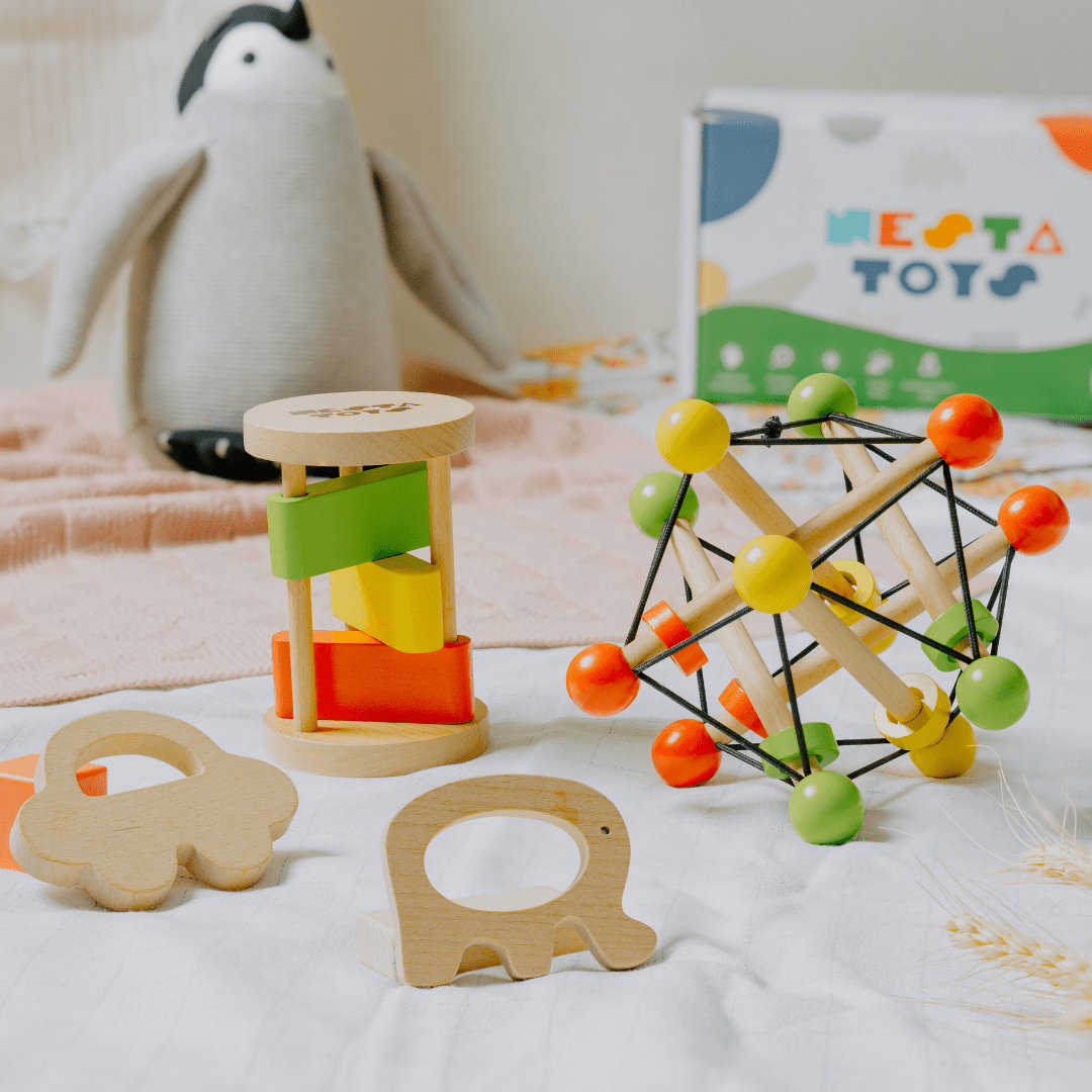 Newborn Gift Set – Skwish Rattle, Clacker Rattle & Wooden Teethers - NESTA TOYS