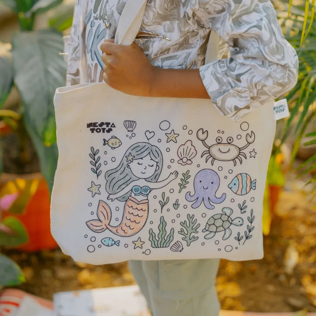 NESTA TOYS –DIY Coloring Cotton Bag for Kids DIY_bags DIY Doodle Bag – Princess & Mermaid Themes