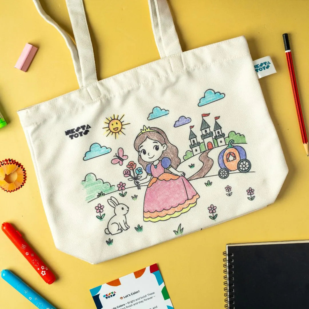 NESTA TOYS –DIY Coloring Cotton Bag for Kids DIY_bags DIY Doodle Bag, doodle toys, Princess & Mermaid Themes, DIY art for kids, colouring toys and books