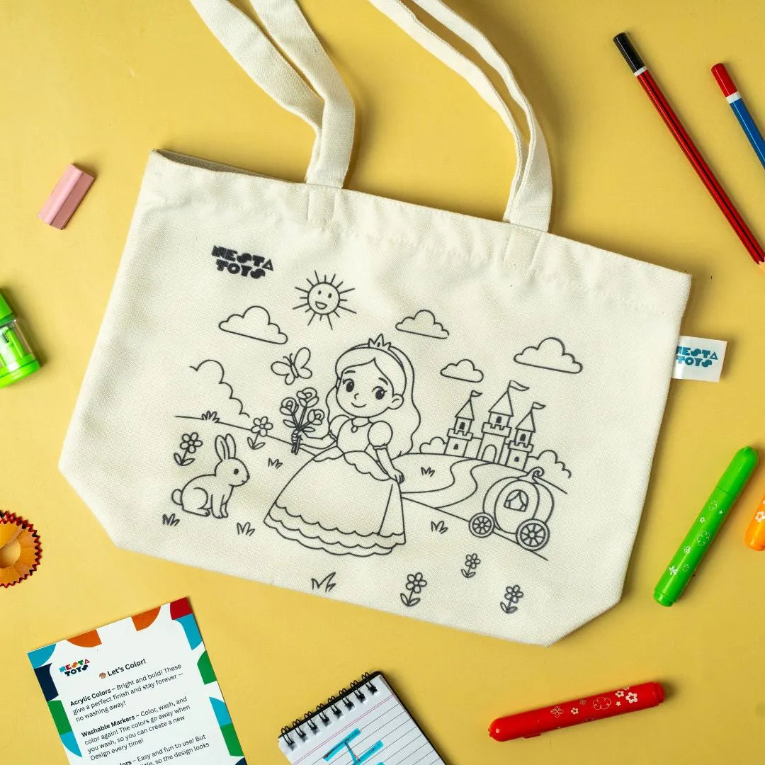 NESTA TOYS –DIY Coloring Cotton Bag for Kids DIY_bags DIY Doodle Bag, doodle toys, Princess & Mermaid Themes, DIY art for kids, colouring toys and books
