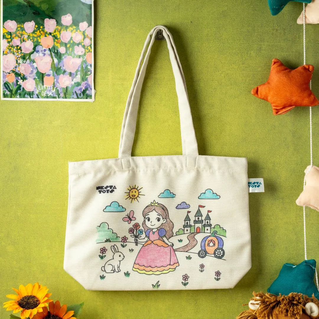 NESTA TOYS –DIY Coloring Cotton Bag for Kids DIY_bags DIY Doodle Bag, doodle toys, Princess & Mermaid Themes, DIY art for kids, colouring toys and books