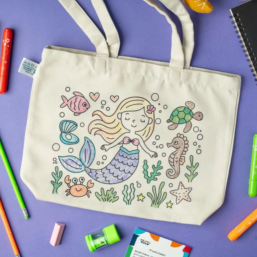 NESTA TOYS –DIY Coloring Cotton Bag for Kids DIY_bags DIY Doodle Bag, doodle toys, Princess & Mermaid Themes, DIY art for kids, colouring toys and books