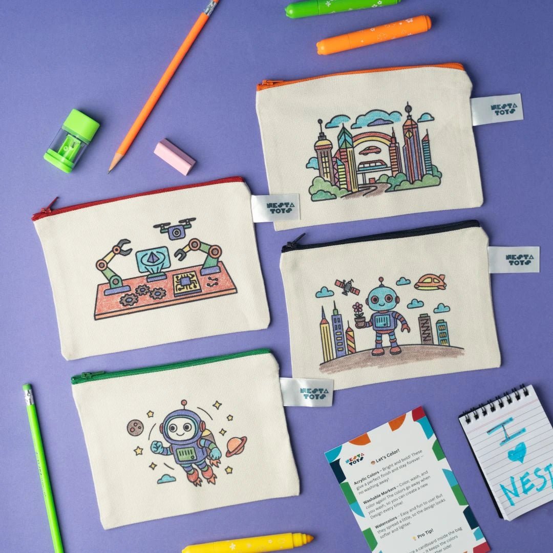 DIY Coloring Cotton Pouch for Kids (Set of 4) – Robots and Future Tech - NESTA TOYS