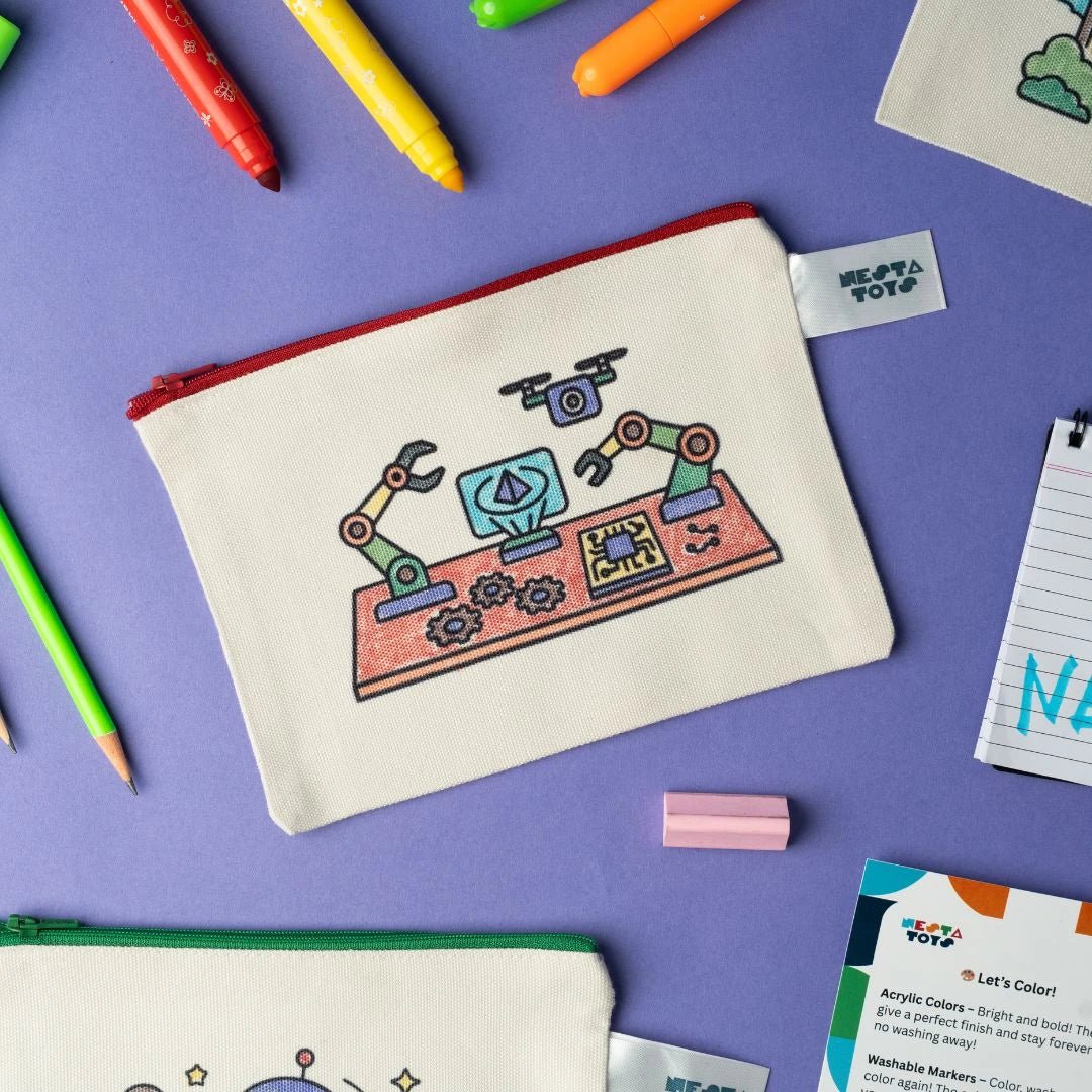 DIY Coloring Cotton Pouch for Kids (Set of 4) – Robots and Future Tech - NESTA TOYS