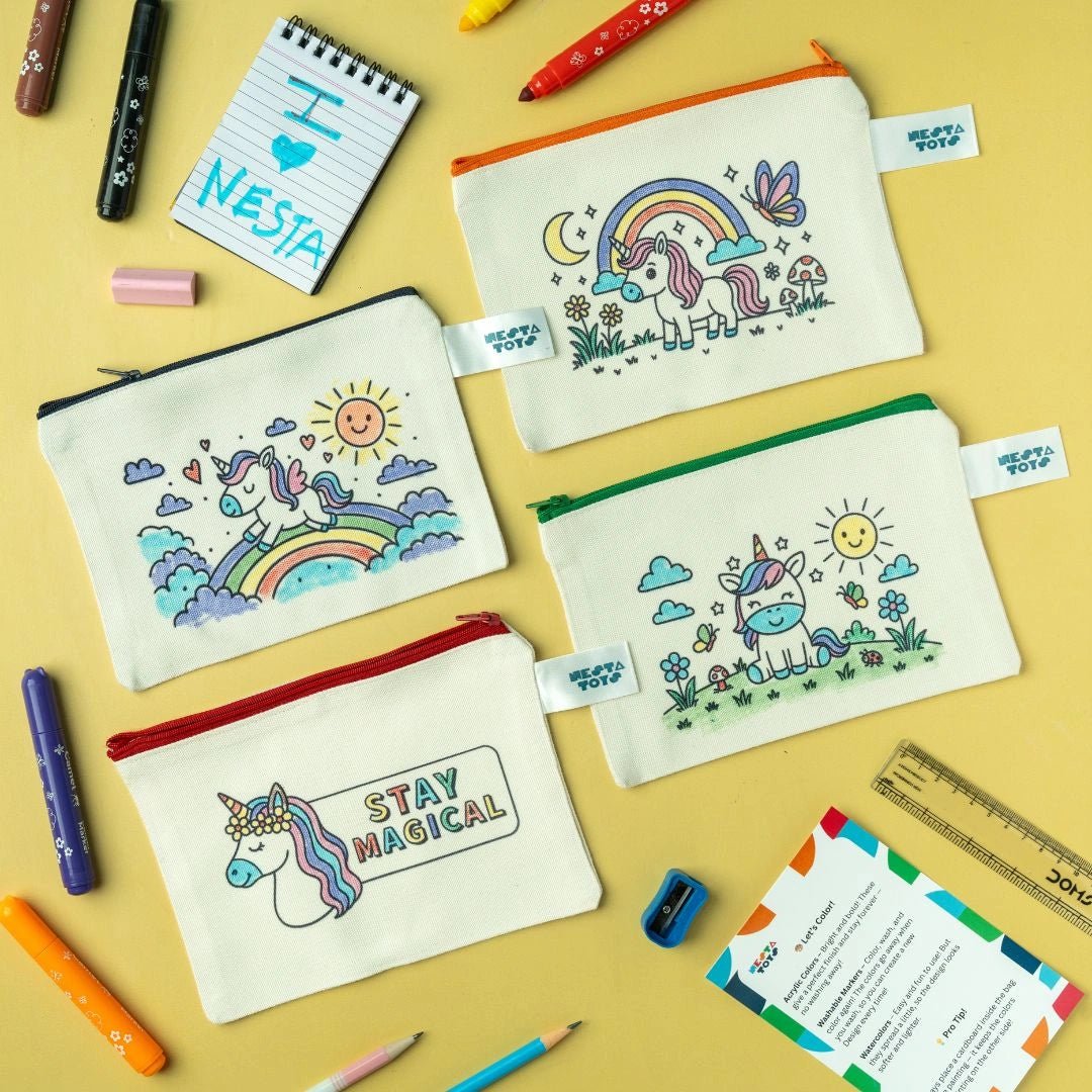 DIY Coloring Cotton Pouch for Kids (Set of 4) – Unicorn Theme - NESTA TOYS