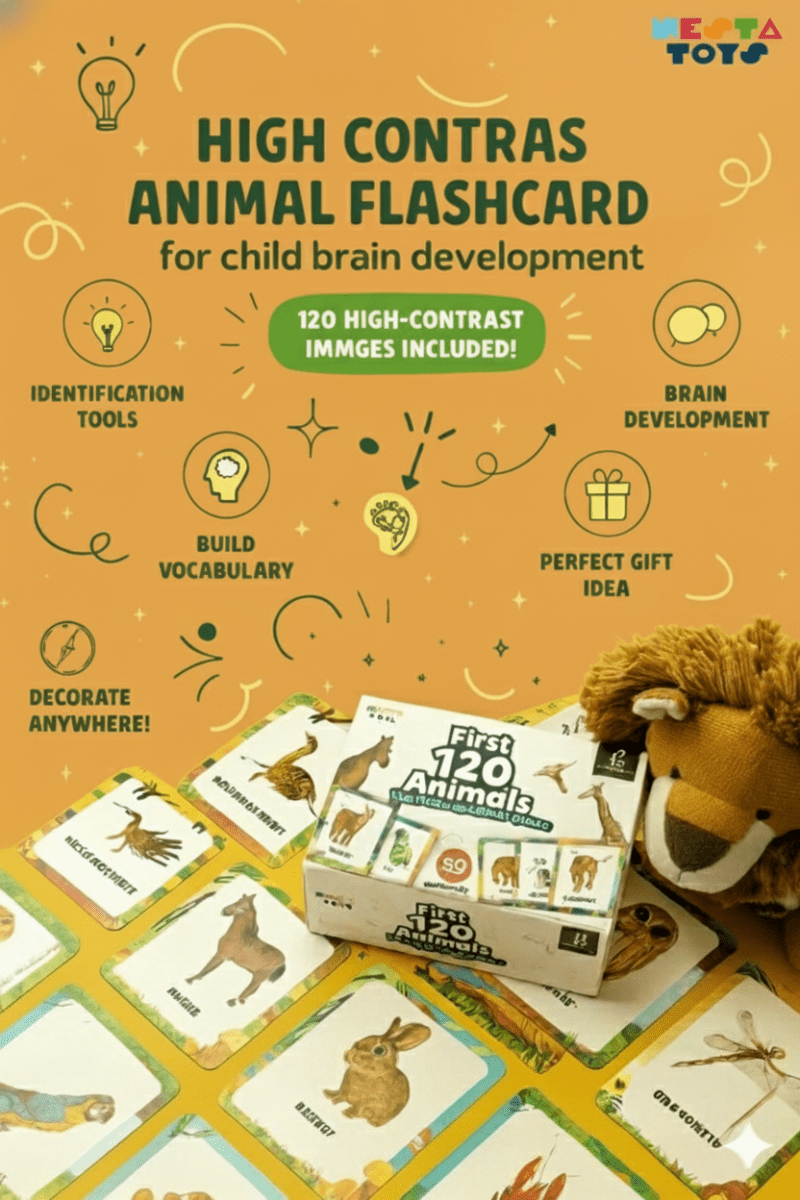 NESTA TOYS 120 animal flash cards for toddlers, Montessori learning activity for vocabulary and animal recognition, ages 1 to 4 years.