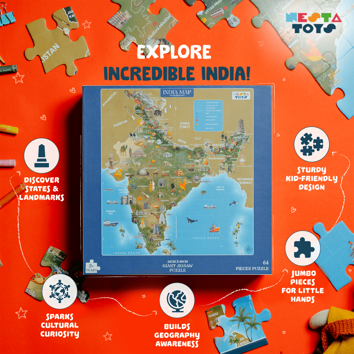 India Map Jigsaw Puzzle (64 Pcs) - NESTA TOYS