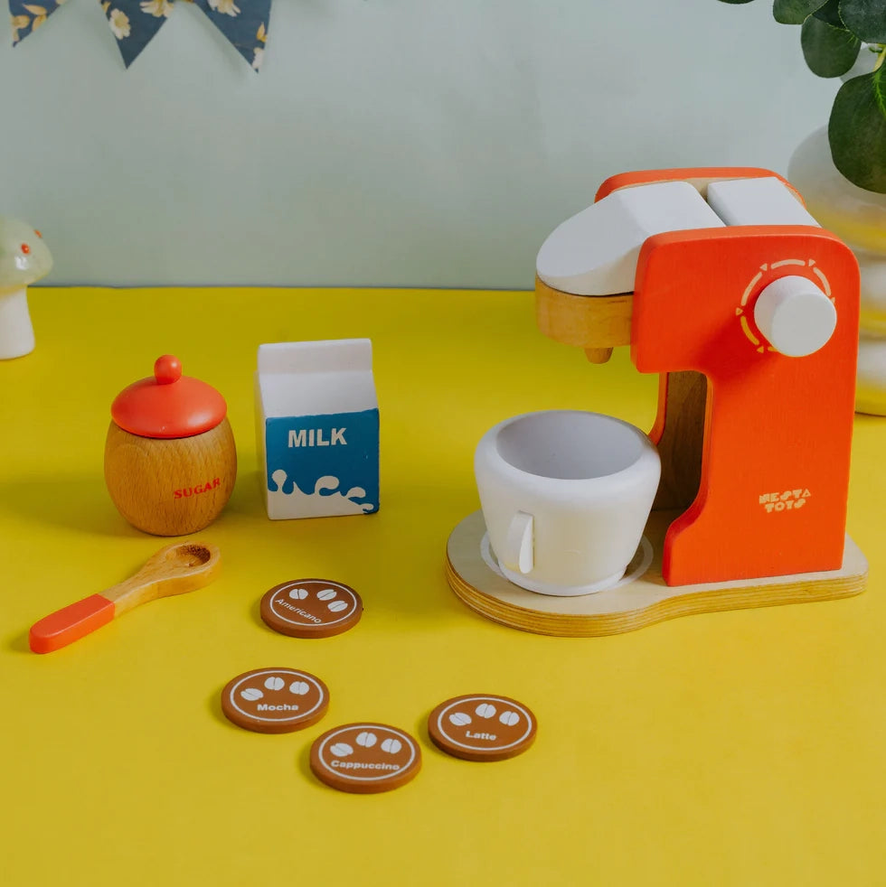 NESTA TOYS Red Wooden Coffee Maker, safe role-playing toy with smooth edges and non-toxic colors for imaginative kitchen play