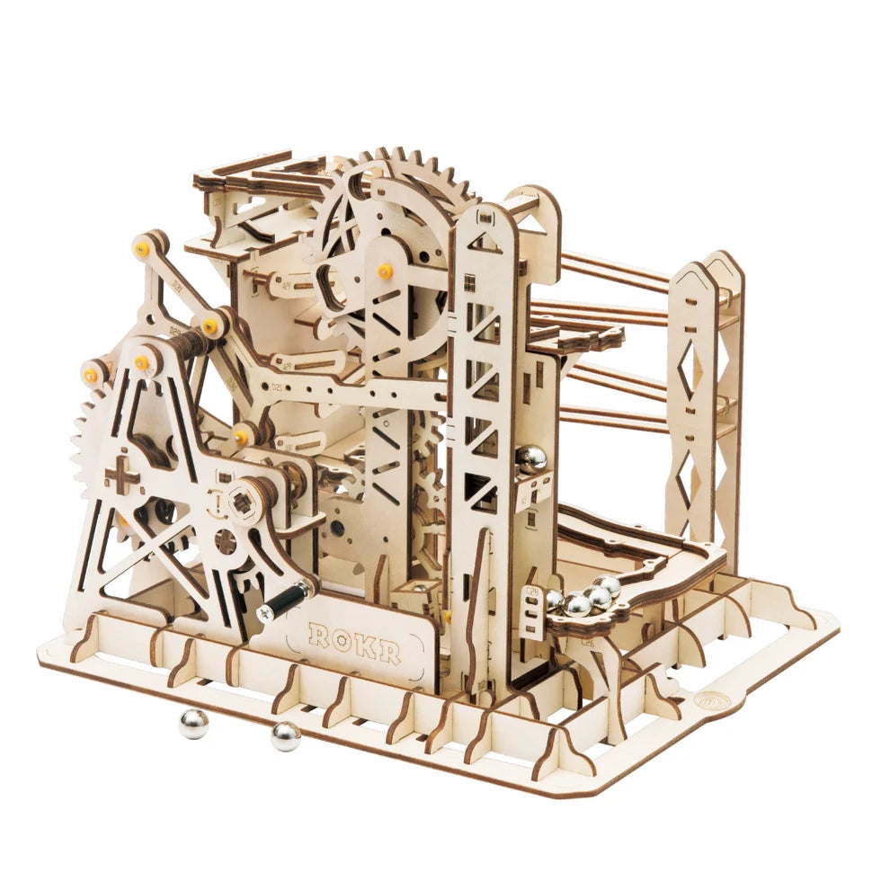 NESTA TOYS Wooden mechanical model with gears on a white background