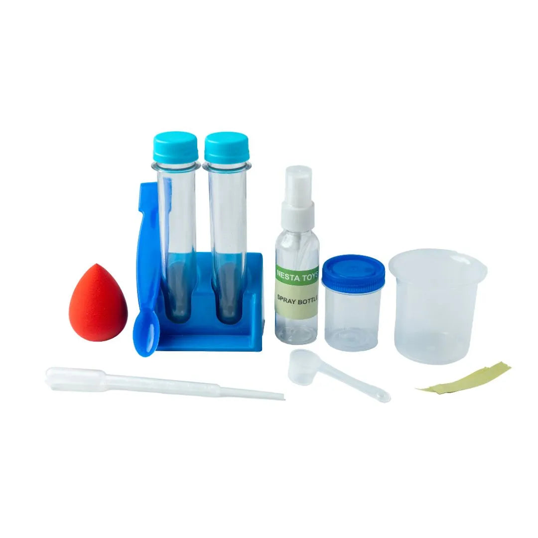 NESTA TOYS Chemistry lab kit components including test tubes, beaker, spray bottle and tools