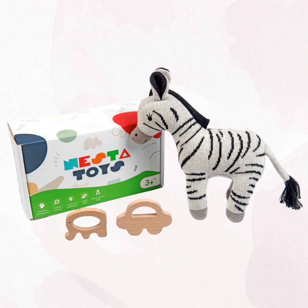 NESTA TOYS –Newborn Gift Set - Zippy the Zebra, Wooden Elephant & Car Teether