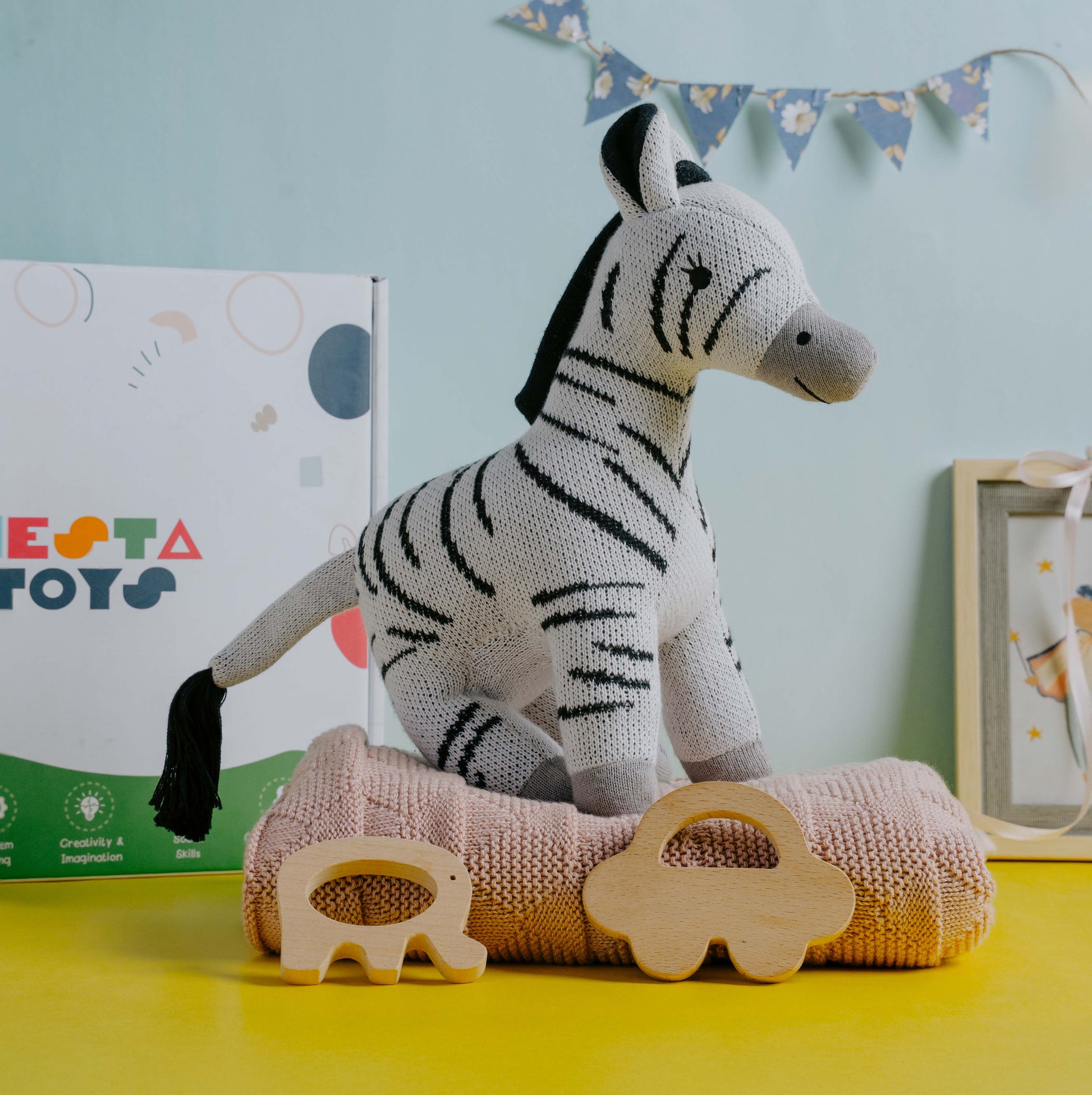 NESTA TOYS Newborn Gift Set – Swaddle, Zebra Plush Toy & Wooden Teethers - nestatoys