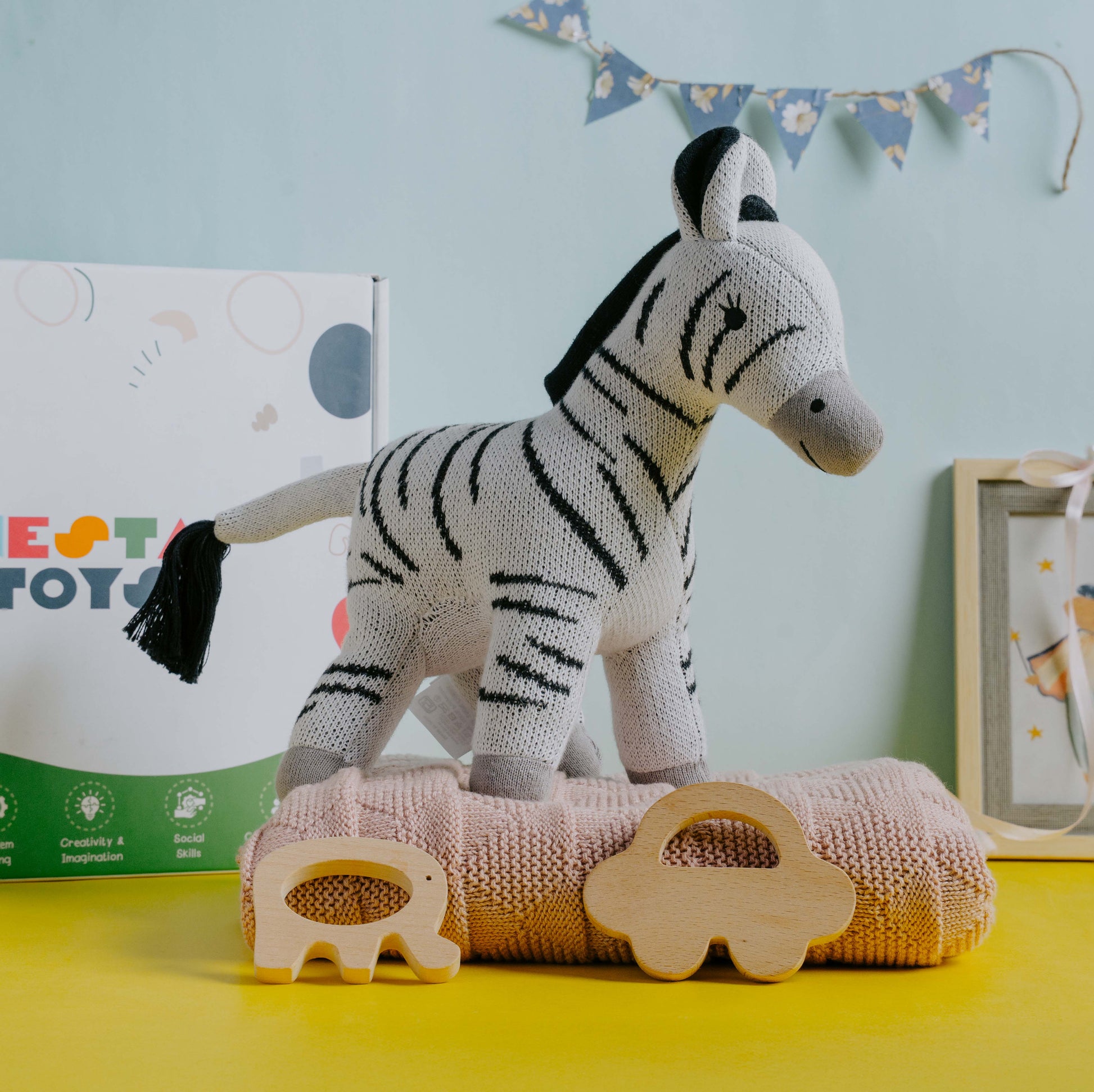 NESTA TOYS Newborn Gift Set – Swaddle, Zebra Plush Toy & Wooden Teethers - nestatoys