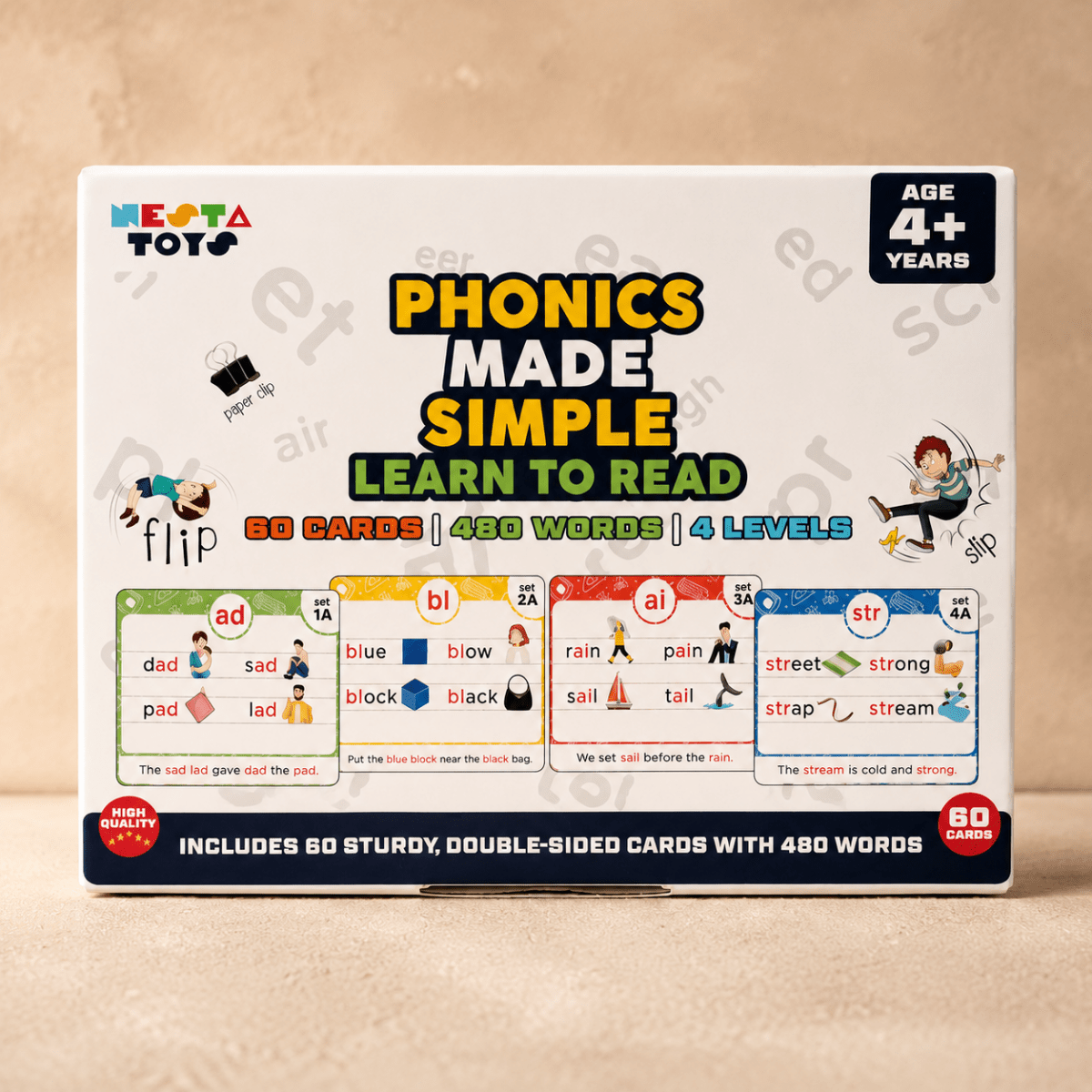 Phonics Flash Cards - Learn to Read in 20 Stages (60 cards, 490 Words) - NESTA TOYS