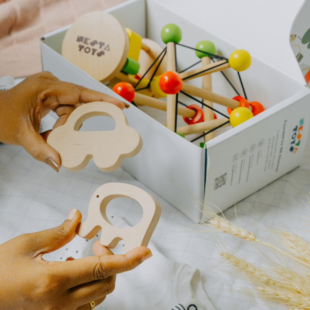 NESTA TOYS Wooden Car & Elephant Teether Set – Beech Wood Toys for Babies