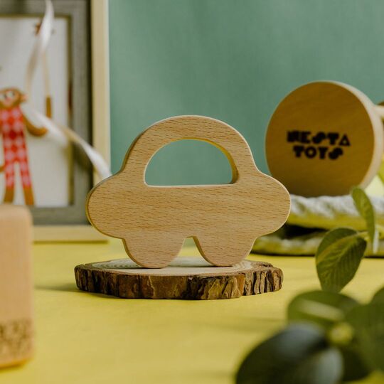 NESTA TOYS Wooden Car Teether – Beech Wood Toy for Babies