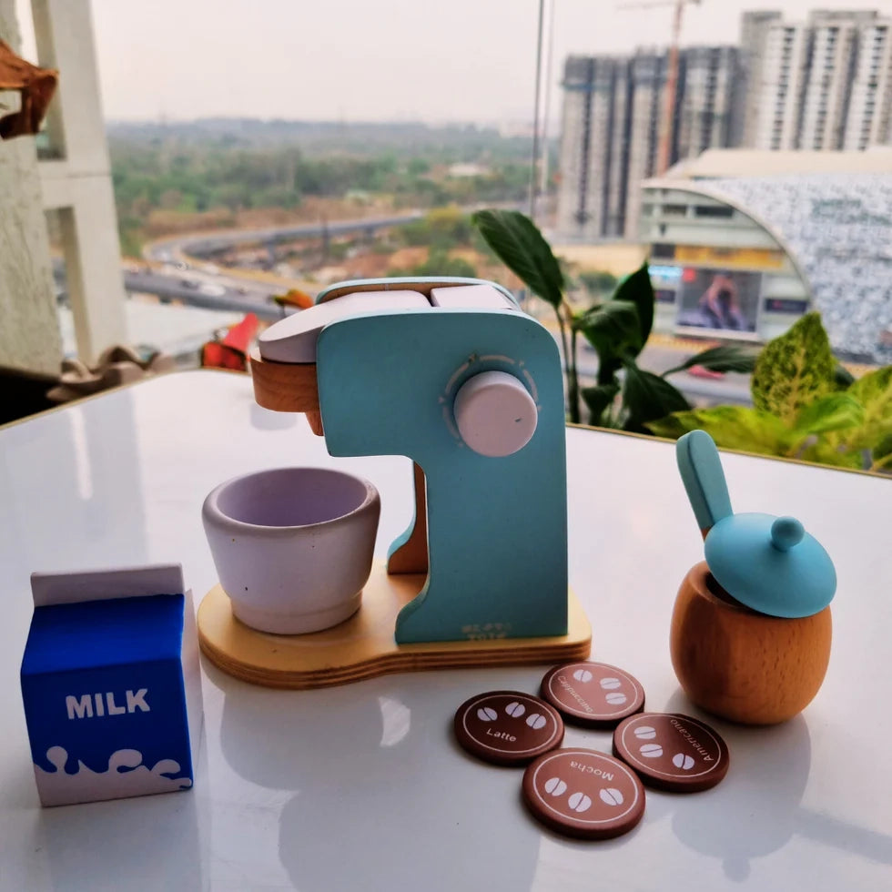 NESTA TOYS Wooden Coffee Machine Toy for kids, safe pretend play kitchen toy made from durable wood with non-toxic colors