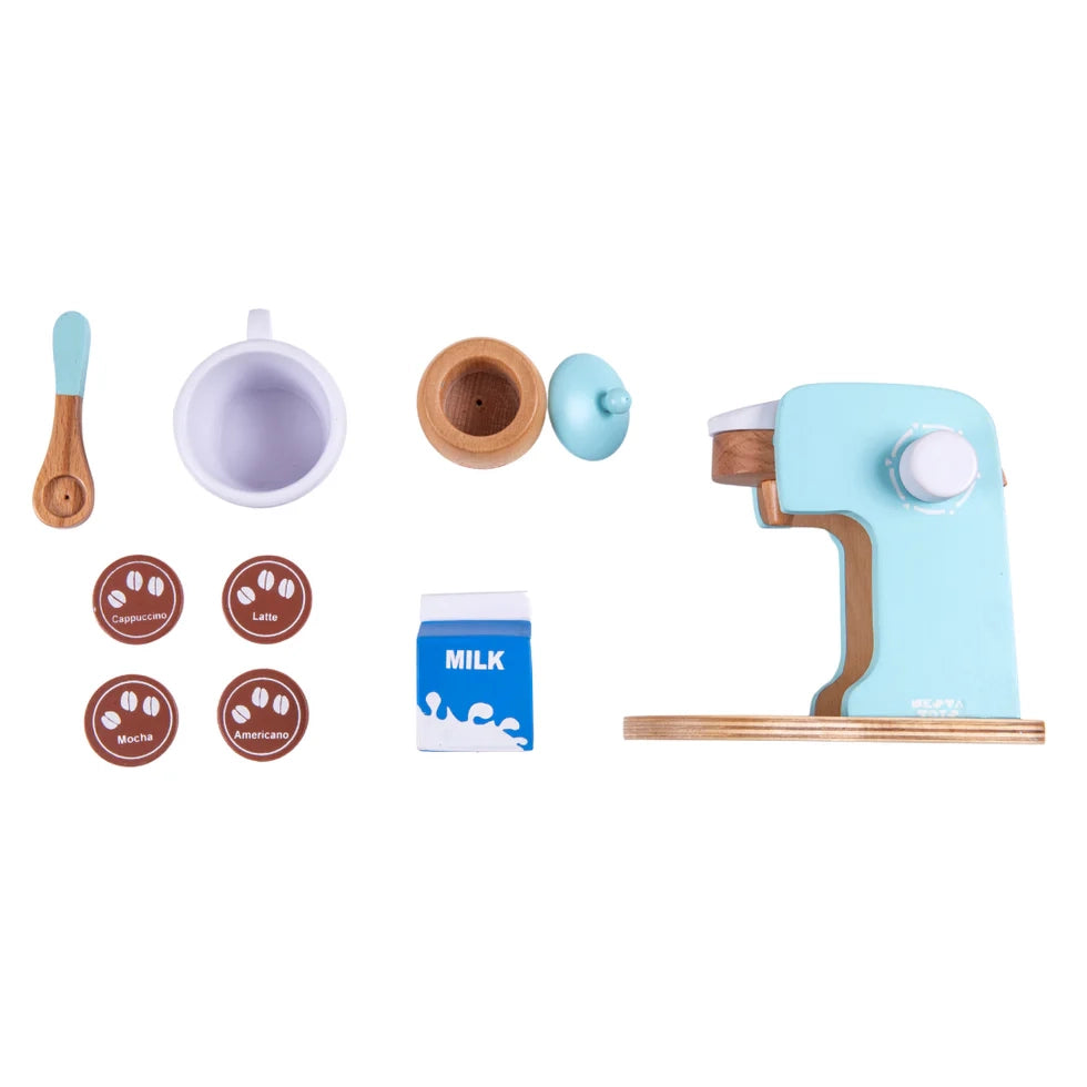 NESTA TOYS Wooden Coffee Machine Toy, educational role-playing toy for imaginative kitchen activities and fine motor skill development.