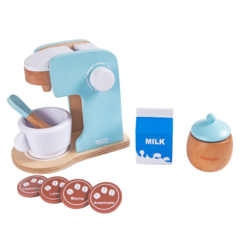 NESTA TOYS Wooden Coffee Machine Toy, educational role-playing toy for imaginative kitchen activities and fine motor skill development.