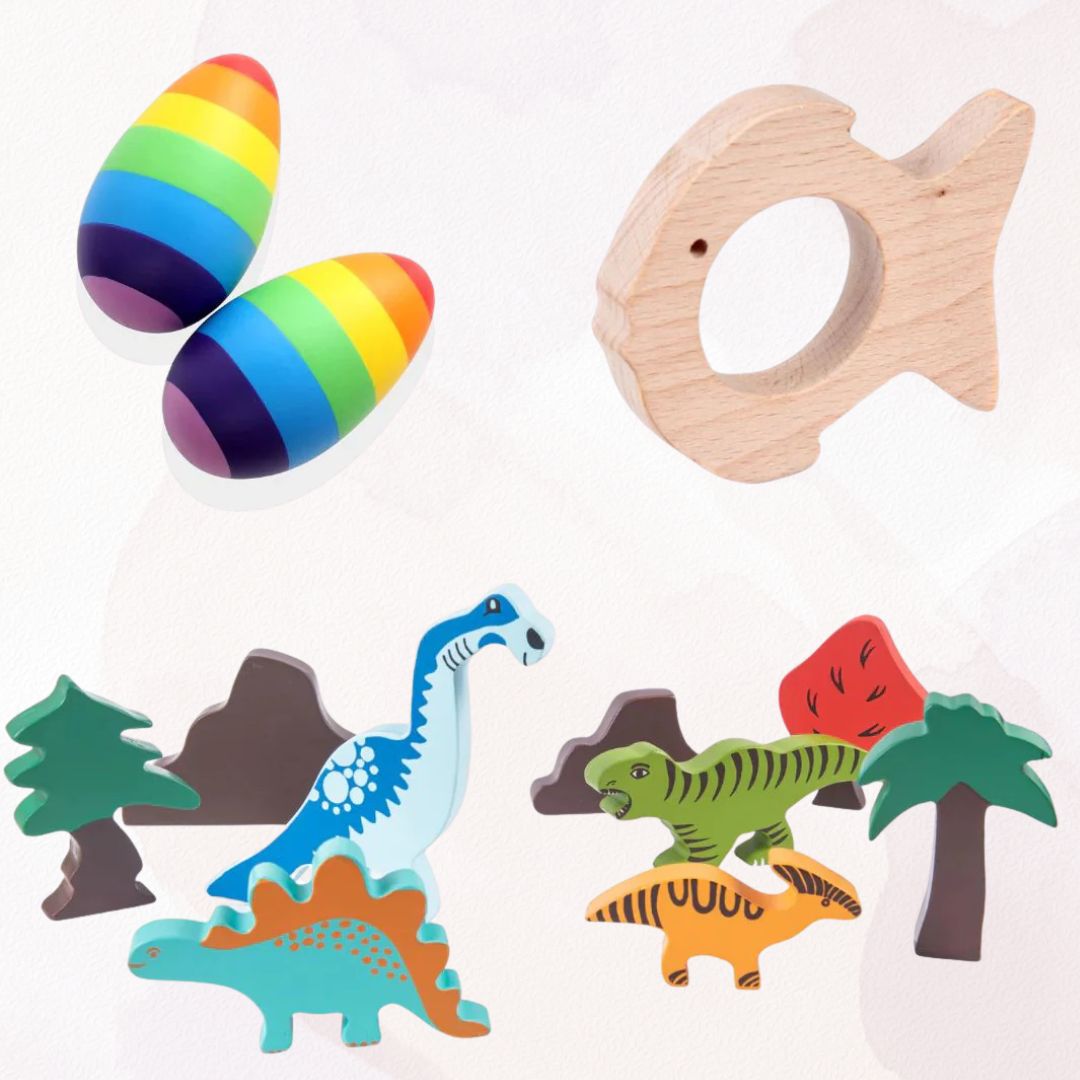 Wooden Dinosaur Blocks, Egg Shaker Rattle & Teether (6+ Months) - NESTA TOYS