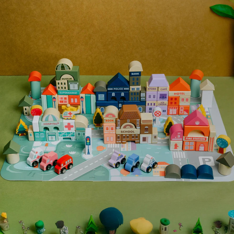 NESTA TOYS - 115 Pieces Wooden City Building Blocks - Stacking Educational Toys