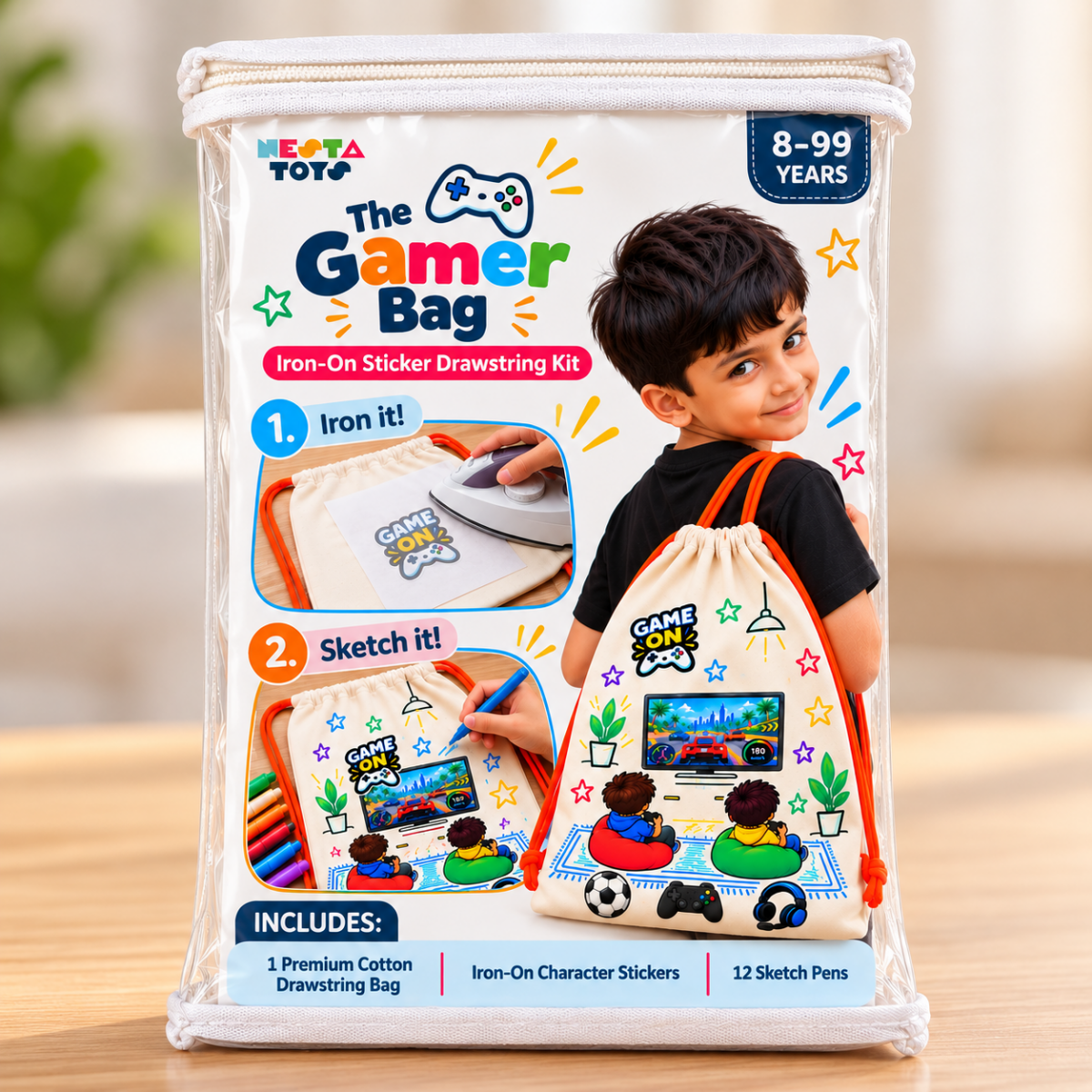 DIY Gaming Drawstring Bag for Kids - Iron-On Sticker Craft Kit - NESTA TOYS