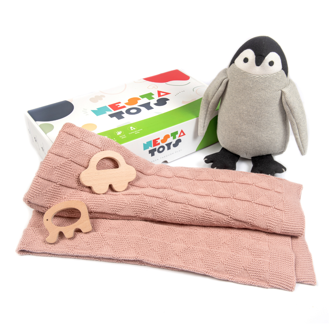 Newborn Gift Set, Knitted Cotton Blanket, Penguin Plush Toy,  wooden teether, baby shower gift, newborn toys, baby toys, baby blanket, nesta toys