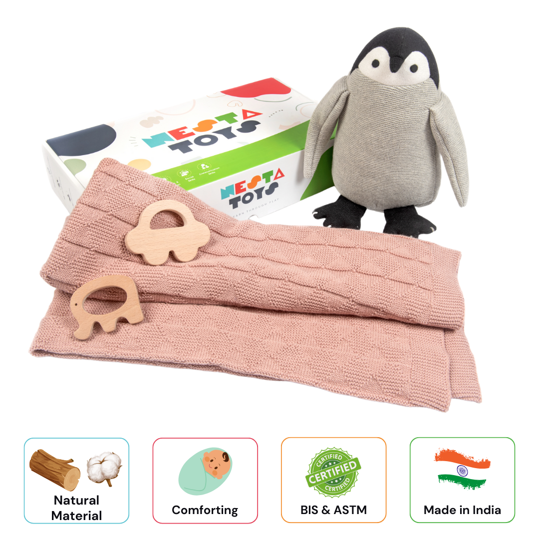 Newborn Gift Set, Knitted Cotton Blanket, Penguin Plush Toy,  wooden teether, baby shower gift, newborn toys, baby toys, baby blanket, nesta toys