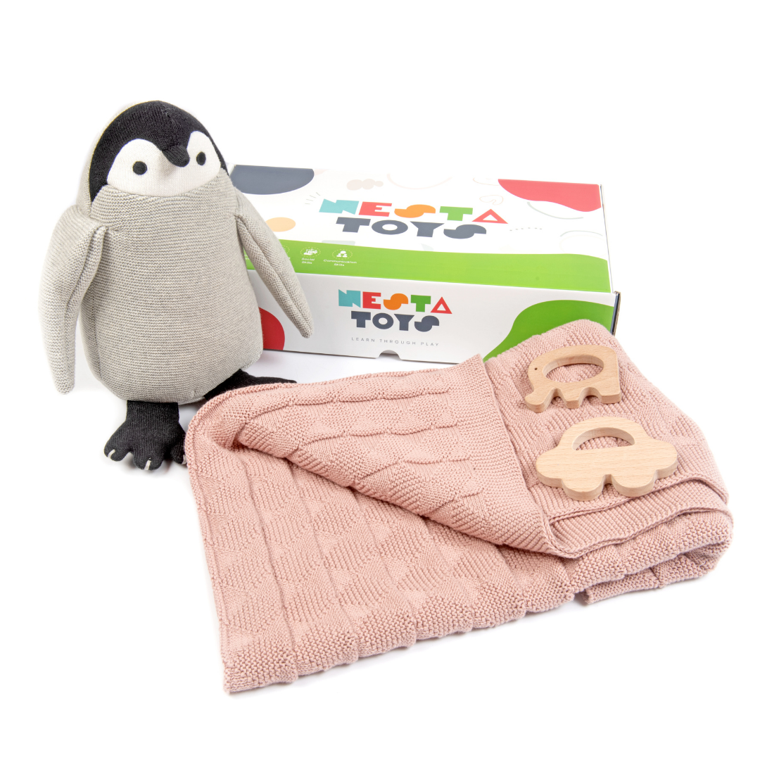 Newborn Gift Set, Knitted Cotton Blanket, Penguin Plush Toy,  wooden teether, baby shower gift, newborn toys, baby toys, baby blanket, nesta toys