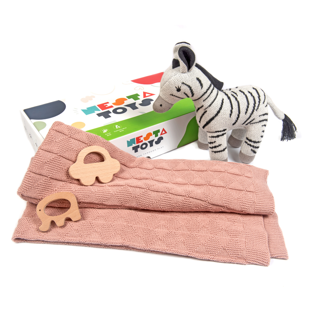 Newborn Gift Set, Knitted Cotton Blanket, baby swaddle, Zebra Plush Toy, wooden teether, newborn gifting, baby shower gift, blanket for baby, soft toys, animal soft toy