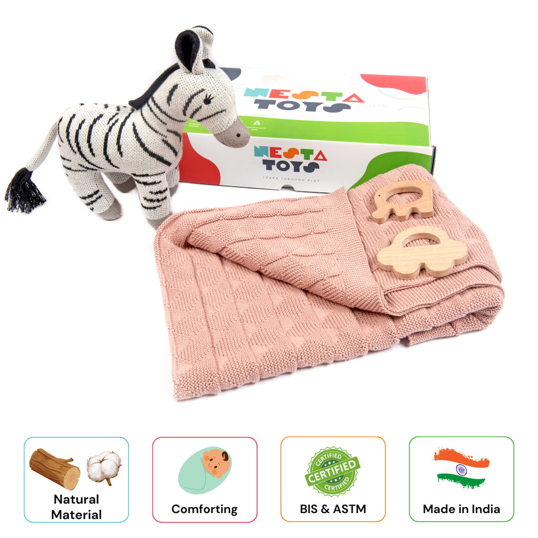 Newborn Gift Set, Knitted Cotton Blanket, baby swaddle, Zebra Plush Toy, wooden teether, newborn gifting, baby shower gift, blanket for baby, soft toys, animal soft toy