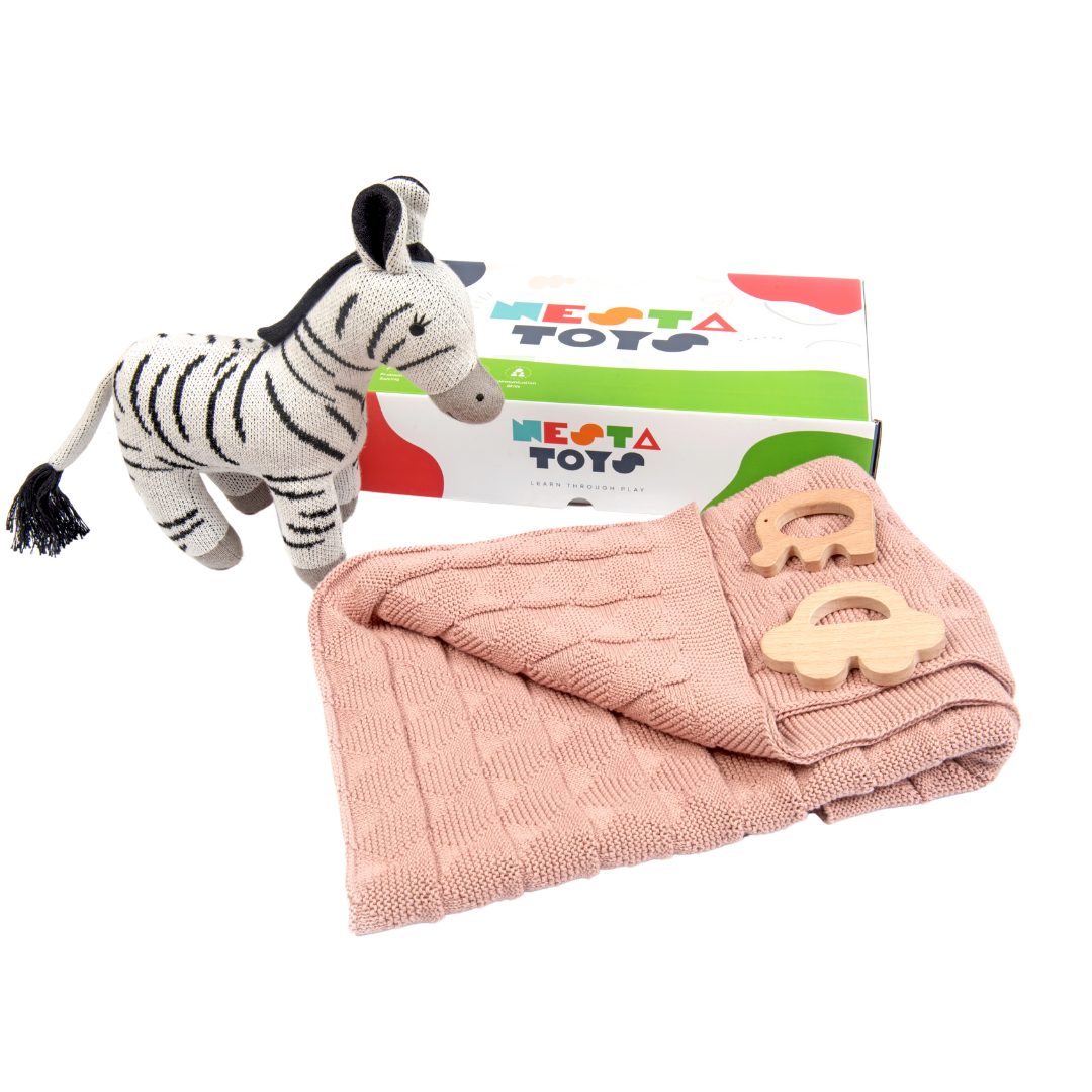 Newborn Gift Set - Knitted Cotton Blanket, Zippy the Zebra,  Elephant & Car Teether