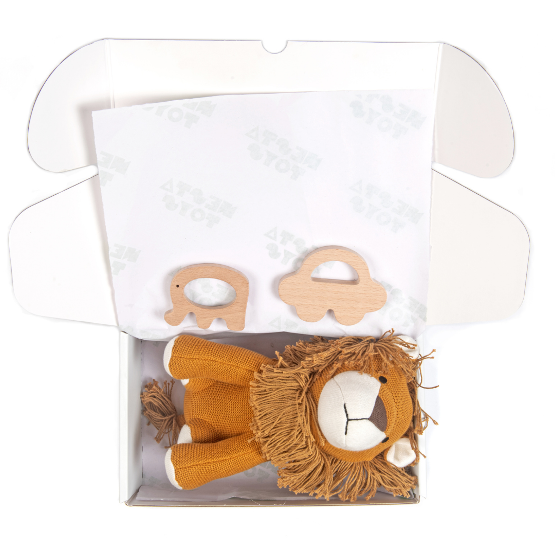 Newborn Gift Set, newborn toys, Lion Plush Toy, Wooden Teether, soft toys, animal dolls, dolls for babies, teethers, nesta toys, baby shower gift