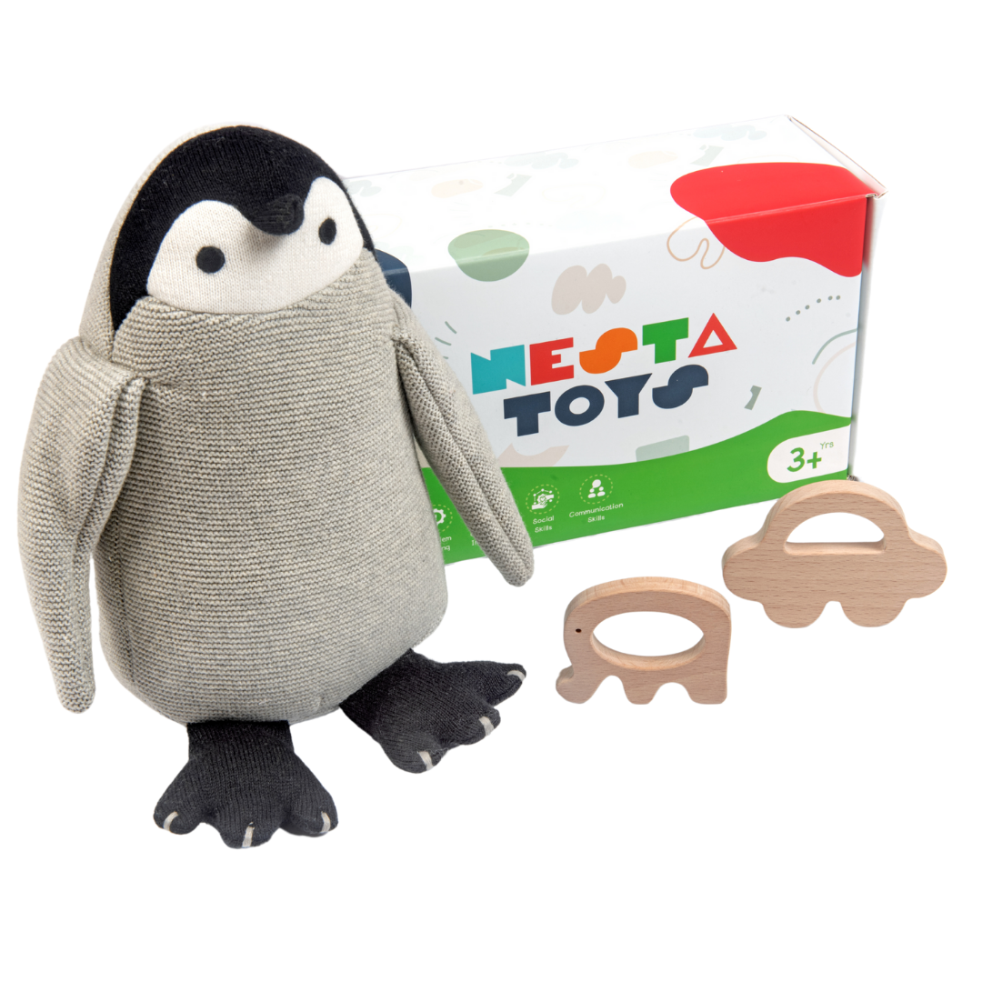 Newborn Gift Set, Penguin Plush Toy, Wooden teether, baby toys, baby gifts, baby shower gift, nesta toys, soft toys, baby teether