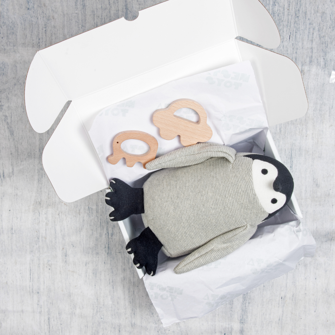 Newborn Gift Set, Penguin Plush Toy, Wooden teether, baby toys, baby gifts, baby shower gift, nesta toys, soft toys, baby teether