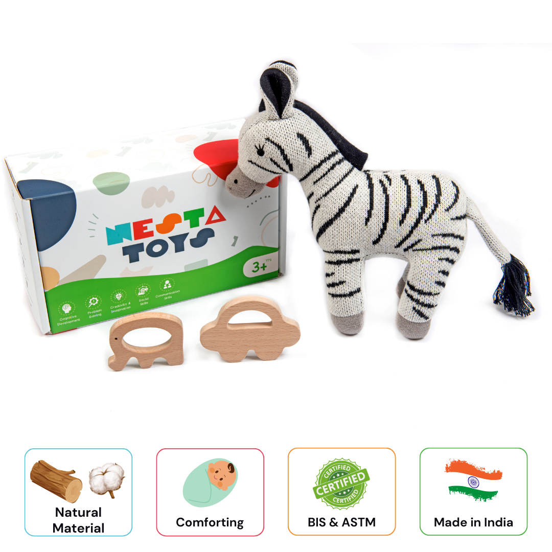 Newborn Gift Set, Zebra Plush Toy, Wooden Teether, animal dolls, dolls for babies, animal soft toy, teethers, baby shower gift, toys for babies, gift for babies 