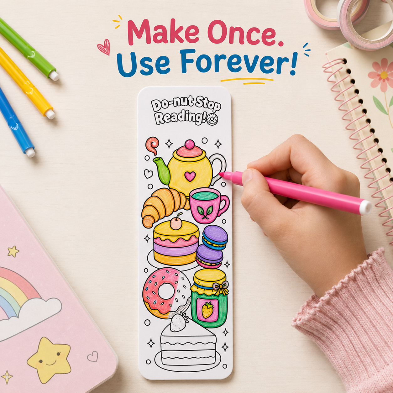 DIY bookmark kit with reusable keepsake bookmarks that children can colour once and treasure forever as personalised reading companions.