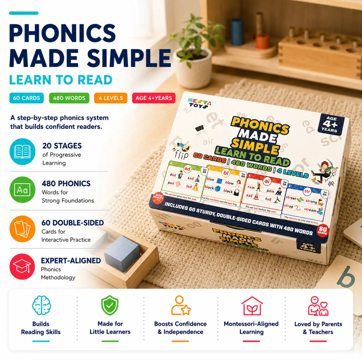 Phonics Flash Cards - Learn to Read in 20 Stages (60 cards, 490 Words) - NESTA TOYS