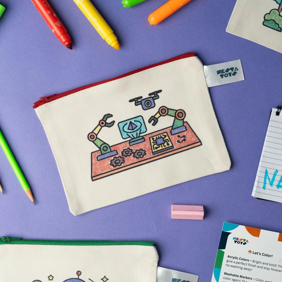 Creative DIY Coloring Pouch for Kids | Robots Theme | Reusable Cotton Organizer