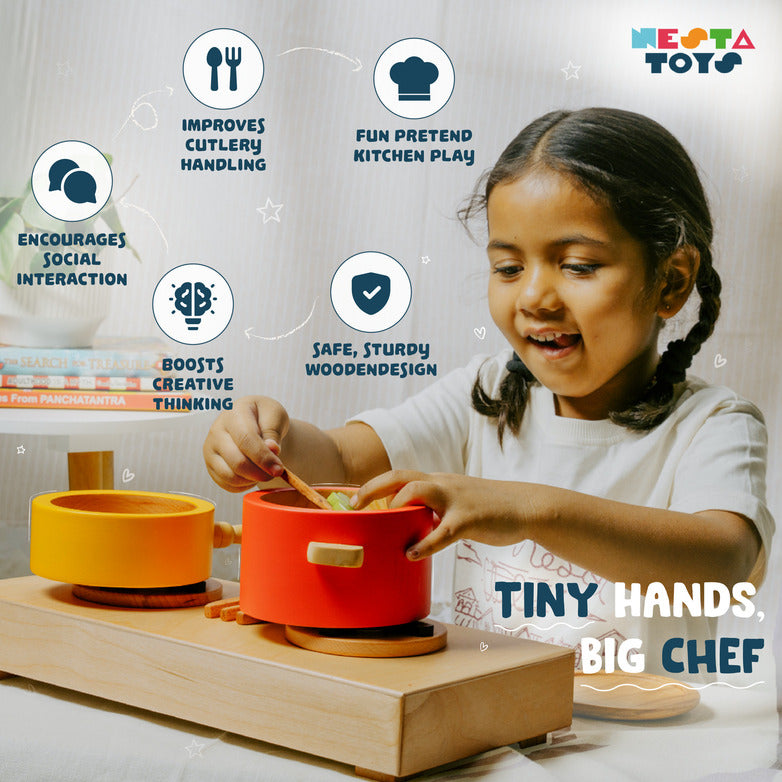 Wooden Gas Stove and Cooking Set Toy (10 Pcs) - nestatoys