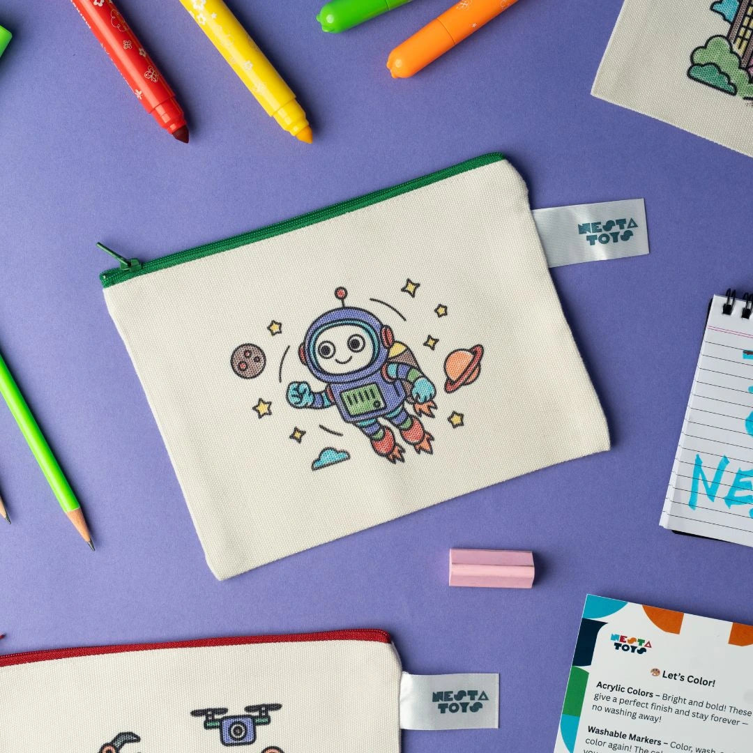 NESTA TOYS Robots Theme DIY Coloring Pouch | Cotton Organizer Bag | Set of 4