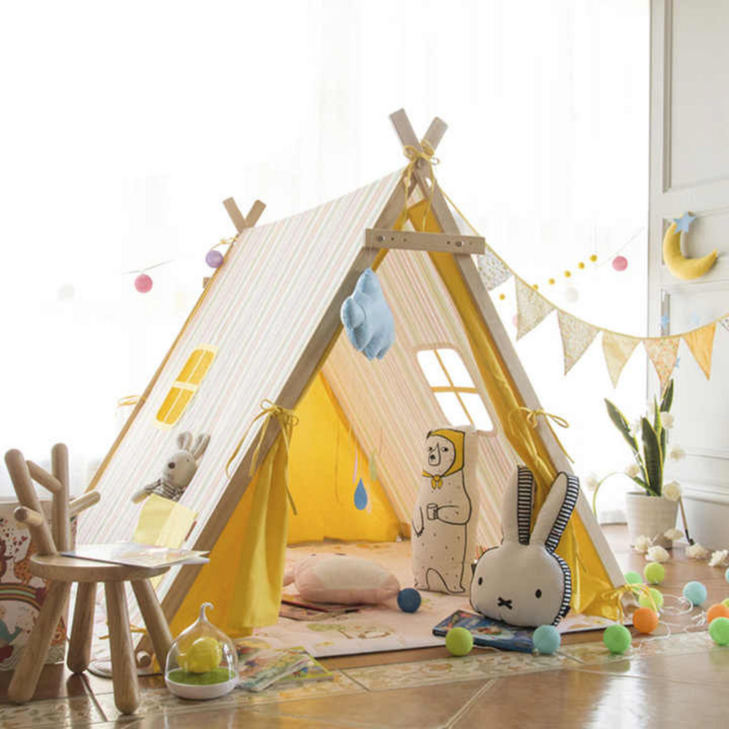 Wooden Teepee Tent for Kids with Padded Cotton Mat