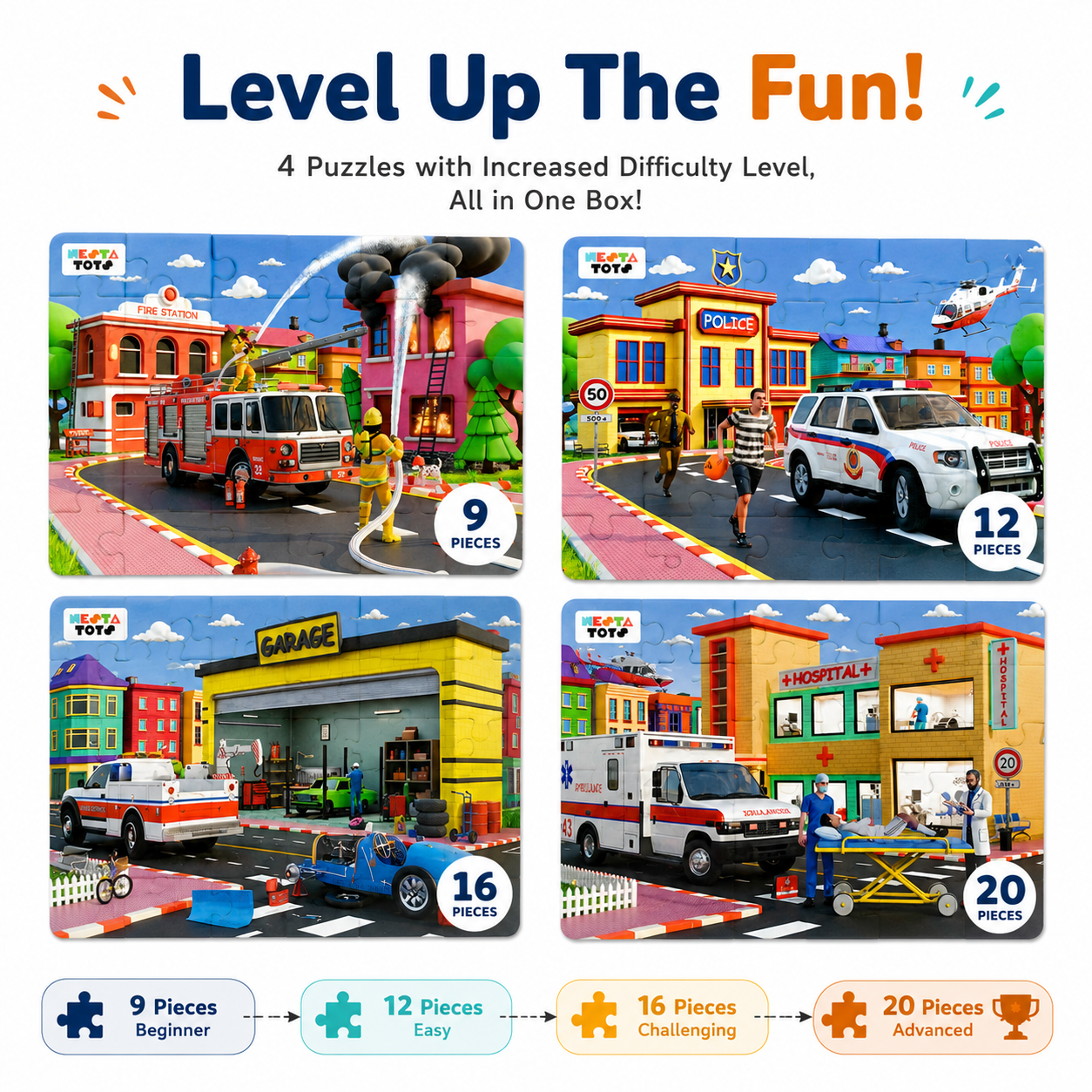 4 in 1 Jigsaw Puzzle - Emergency Vehicles (9 Pcs - 20 Pcs)