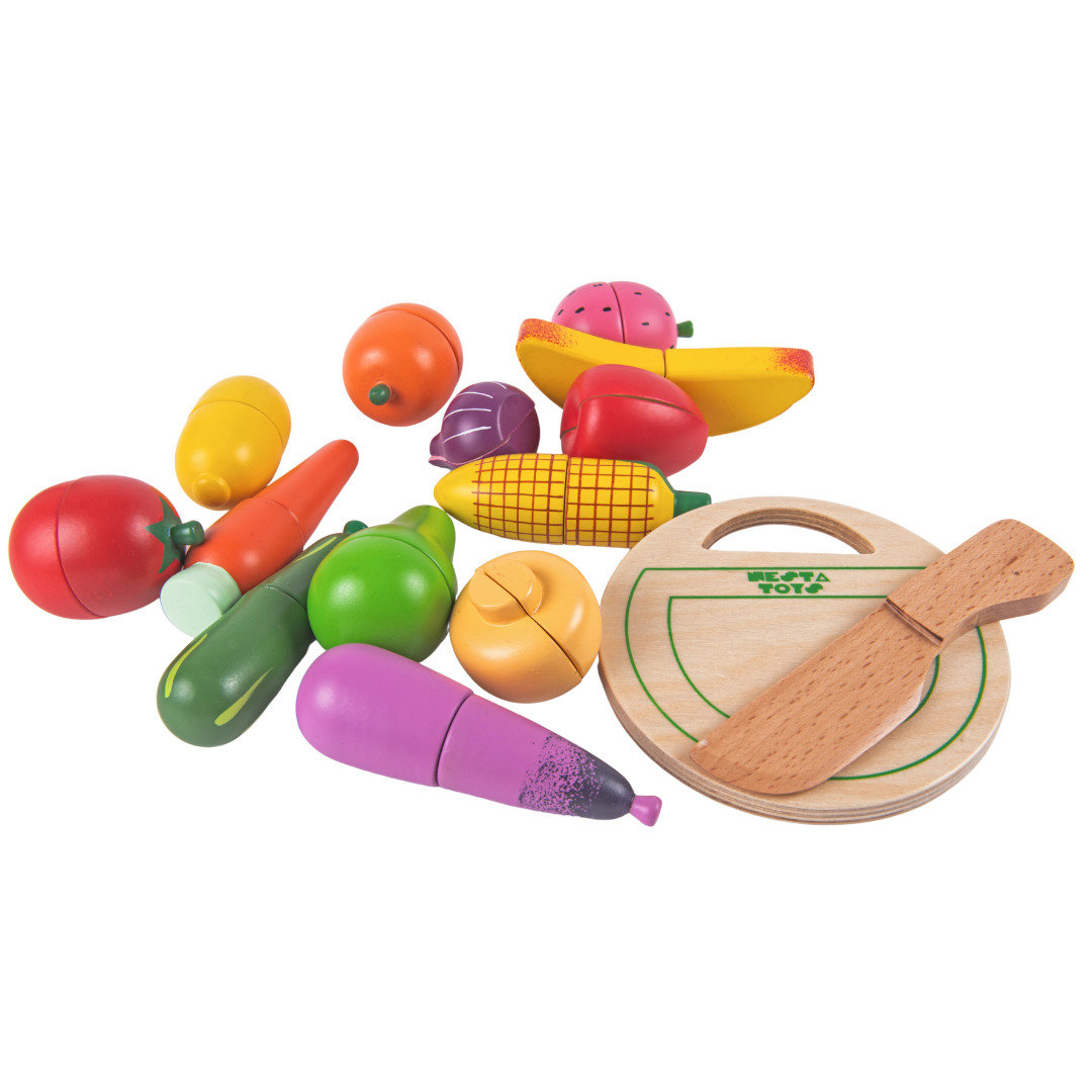 wooden fruit and vegetable toys, wooden play food, pretend food toys, kitchen toys, toddler toys, preschool toys, educational toys, healthy eating toys, imaginative play, wooden toys, cutting fruit toys, play food set, Waldorf toys, Montessori toys, nesta toys